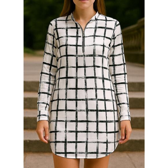 Halogen Half Zip Checker Tunic Top Small White Black - Picture 1 of 8